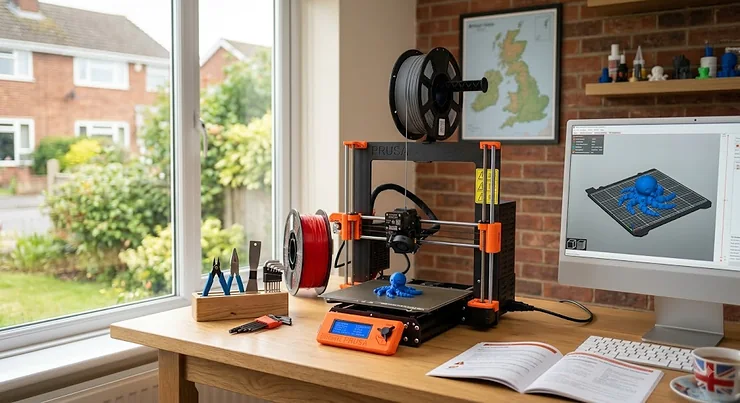 An entry-level model among top FDM 3D printers placed on a home desk for beginner hobbyists in the UK