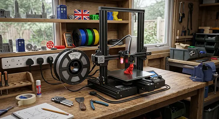 An entry-level budget FDM 3D printer set up on a home workbench in a UK workshop.