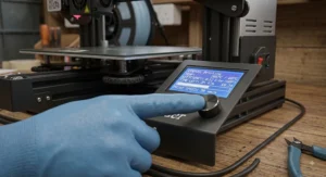 Digital screen interface display of a budget FDM 3D printer showing temperature and print time in pounds per hour cost efficiency.