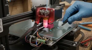 Detailed view of the direct drive extruder nozzle on a low-cost budget FDM 3D printer.