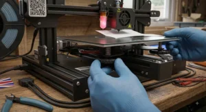 Close-up of manually levelling the heated print bed on a budget FDM 3D printer.