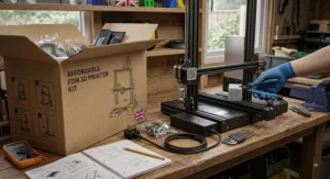 Unboxing and assembling an affordable budget FDM 3D printer with UK power supply cable.