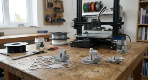 Comparison showing successful FDM 3D print model alongside common print issues like stringing and warping