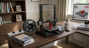 Compact budget FDM 3D printer sitting neatly on a desk in a British home office.