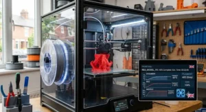 Close-up of the heated chamber and temperature controls on an enclosed FDM 3D printer for ABS.