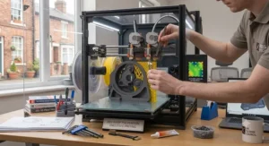 User maintaining nozzle and extruder parts on an enclosed FDM 3D printer for ABS.