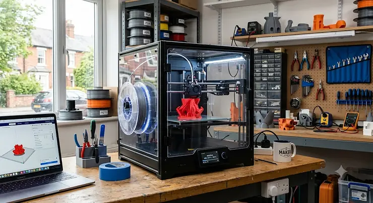 An enclosed FDM 3D printer for ABS printing on a workstation desk in a UK workshop.