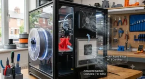 Built-in HEPA and carbon filtration system inside an enclosed FDM 3D printer for ABS.