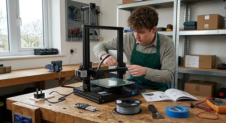 A beginner setting up a desktop FDM 3D printer on a home workshop workbench in the UK