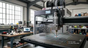 Automatic bed levelling probe calibrating the heated print bed on a large format FDM 3D printer
