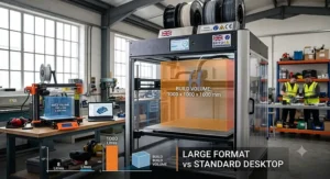 Diagram showing the spacious build volume of a large format FDM 3D printer compared to a standard desktop model