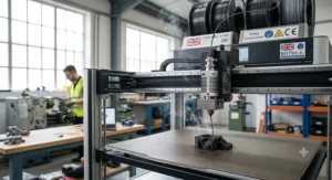 High-temperature hotend on a large format FDM 3D printer melting carbon-fibre reinforced filament