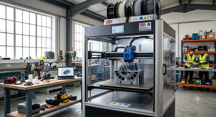 Large format FDM 3D printer in a UK engineering workshop printing a high-precision industrial component