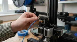 Close-up of spooling bright blue PLA filament into a beginner-friendly FDM 3D printer extruder