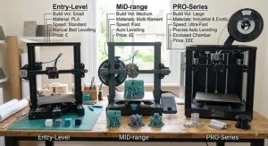 Side-by-side comparison illustrating feature differences between an entry-level model and a mid-range FDM 3D printer