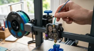 Loading colourful PLA filament into the dual-gear extruder of a mid-range FDM 3D printer