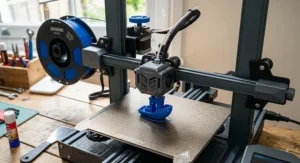 Close-up of the direct drive extruder and heated print bed on a mid-range FDM 3D printer