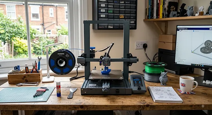 Front view of a mid-range FDM 3D printer set up on a home workshop desk in the UK