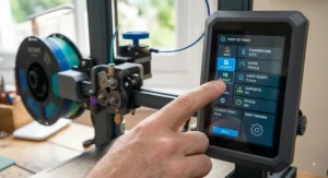 User selecting print settings on the colour touchscreen interface of a mid-range FDM 3D printer