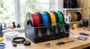 An automatic material changing system loaded with four spools of coloured PLA filament.