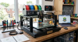 A modern multi-colour FDM 3D printer situated on a workbench in a British maker workshop.