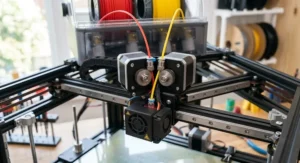 Dual extruder drive gears feeding two different coloured filaments into a multi-colour 3D printer.