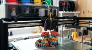 Close-up of a multi-colour FDM 3D printer hotend extruding bright red filament onto a build plate.