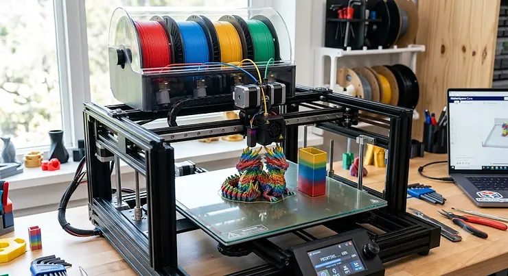A multi-colour FDM 3D printer creating a detailed multi-coloured figurine on a print bed.