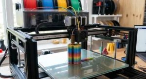 A multi-colour FDM 3D printer forming a purge block during multi-filament color transitions.