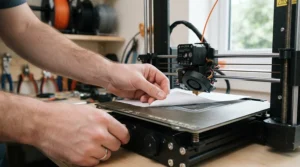 Checking print bed calibration on a 3D printer for beginners with a sheet of paper