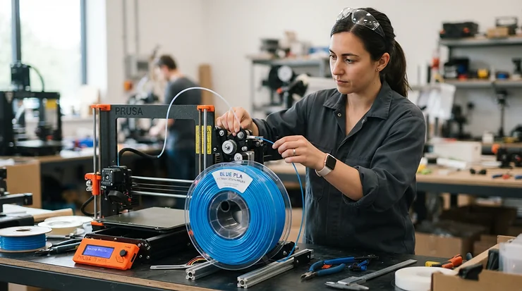 Loading colourful filament into an FDM 3D printer for beginners in a home workshop