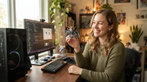 A proud hobbyist admiring their first successful print from a 3D printer for beginners