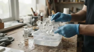 Washing a printed part from a resin 3D printer for beginners wearing safety gloves