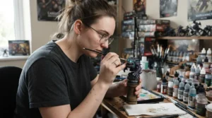 Painting tiny fantasy models produced by a 3d printer for miniatures at a hobby desk.