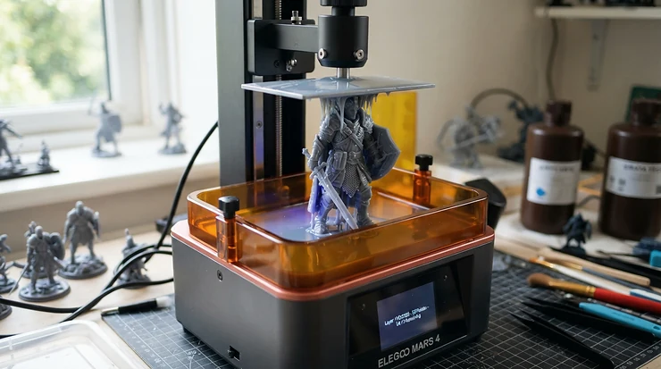 A 3d printer for miniatures creating detailed fantasy tabletop figures on the build plate.
