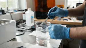Washing printed parts from a 3d printer for miniatures in an isopropyl cleaning station.