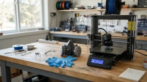 Safety equipment arranged next to an active 3d printer for miniatures in a ventilated room.