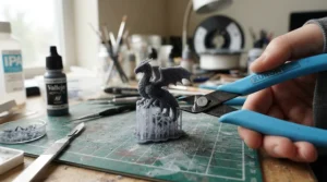 Carefully snipping support structures off a model from a 3d printer for miniatures.
