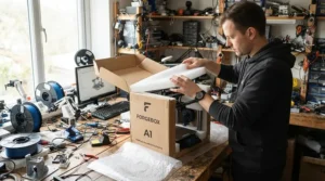 A brand new 3d printer for miniatures being unboxed on a workbench in a hobbyist's study.