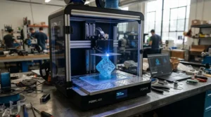 An affordable resin 3D printer successfully curing a miniature figurine on the build plate