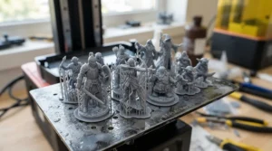 Intricate tabletop gaming miniatures freshly printed on an MSLA resin 3D printer build plate
