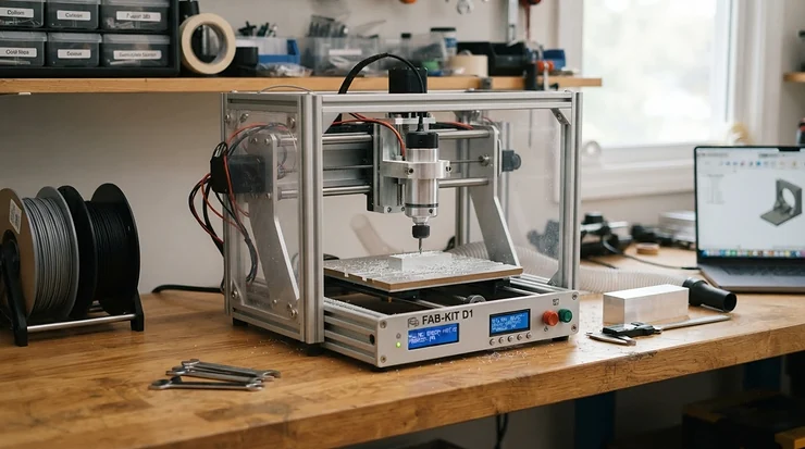 A compact budget resin 3D printer set up on a tidy wooden workbench in a home studio