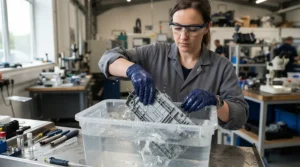 A person wearing protective gloves washing a fresh print from a cheap resin 3D printer in alcohol