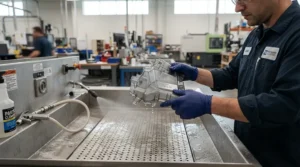 Printed object being washed in a cleaning station after removal from an MSLA resin 3D printer