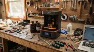 A compact DLP resin 3D printer set up on a hobbyist workshop workbench.