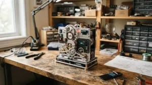 A fully assembled CoreXY 3D printer sitting on a wooden workbench in a bright hobby room