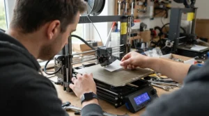 Maker performing manual bed levelling calibration on the aluminium build plate of a CoreXY 3D printer