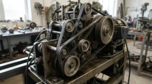 Detailed view of the belt and pulley drive system powering a CoreXY 3D printer motion setup