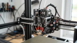 Upgraded dual extrusion setup mounted on the tool carriage of a high-performance CoreXY 3D printer