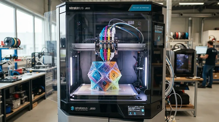 A CoreXY 3D printer successfully manufacturing a complex geometric multicolour plastic model